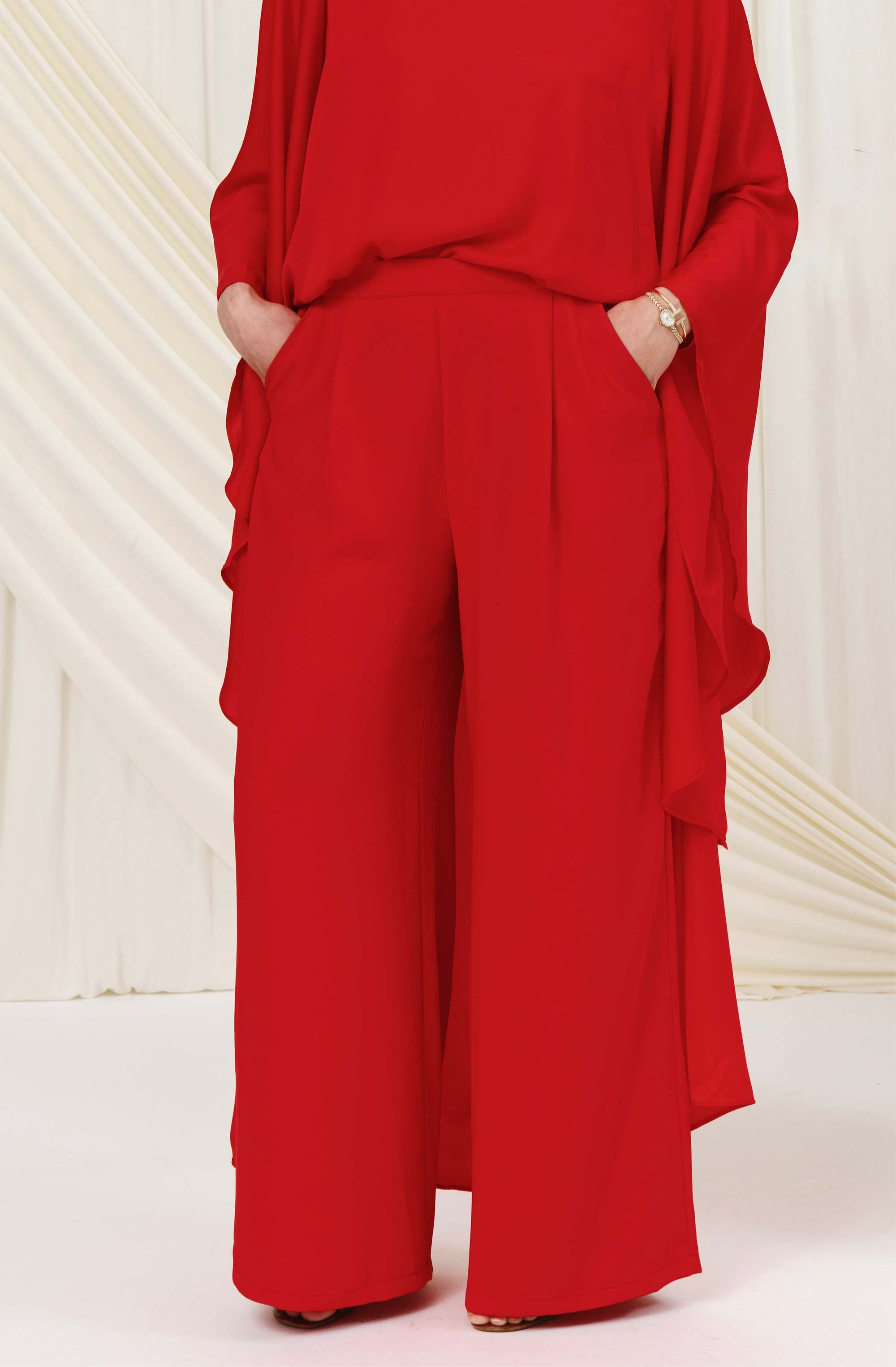 Red Chiffon Cape Tunic Set (3 pcs)