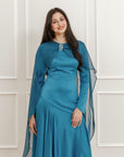 Teal Embellished Chiffon Cape Gown