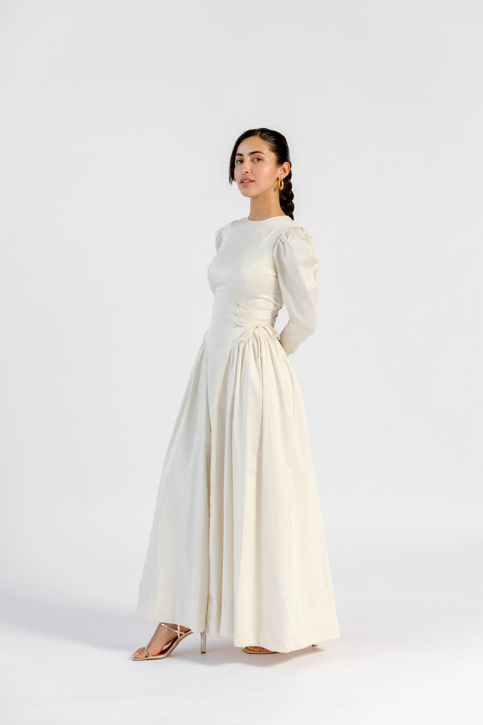 Cream Puff Sleeve Lace Up Dress- Final Sale1