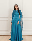 Teal Embellished Chiffon Cape Gown