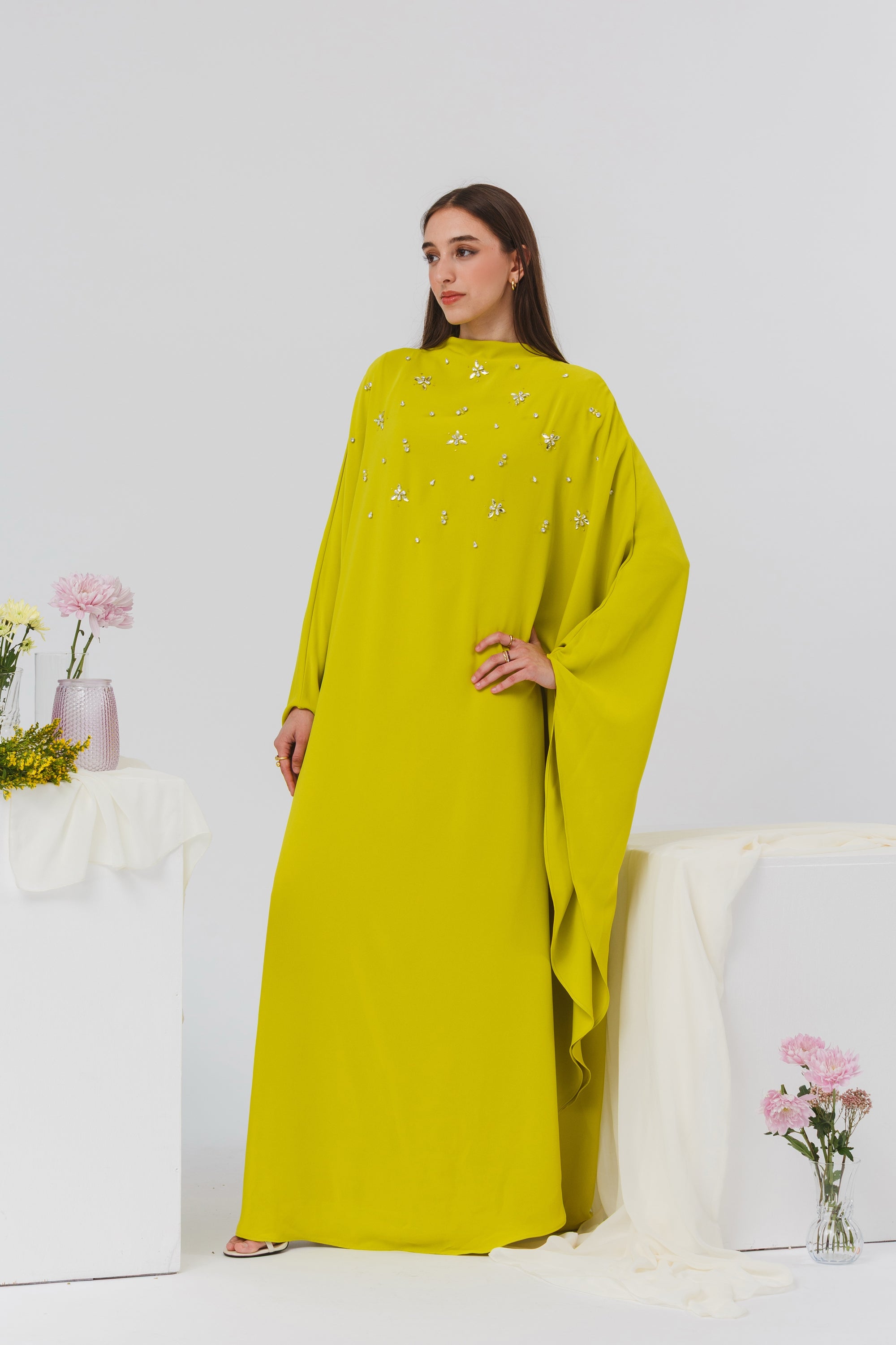 Lime Beaded Kaftan Gown- Final Sale