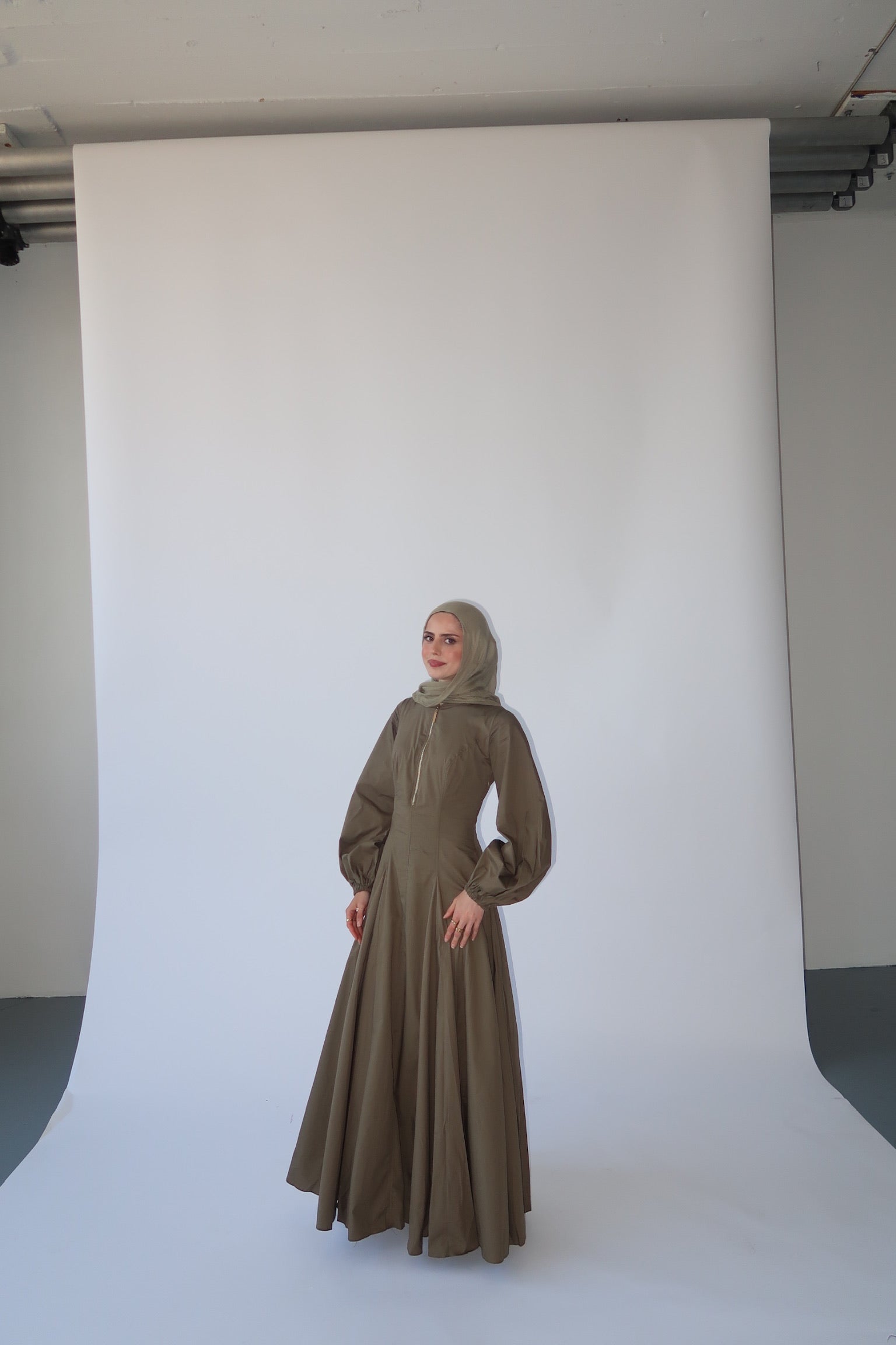 Dark Khaki Zip Up Cotton Pleated Dress- Final Sale