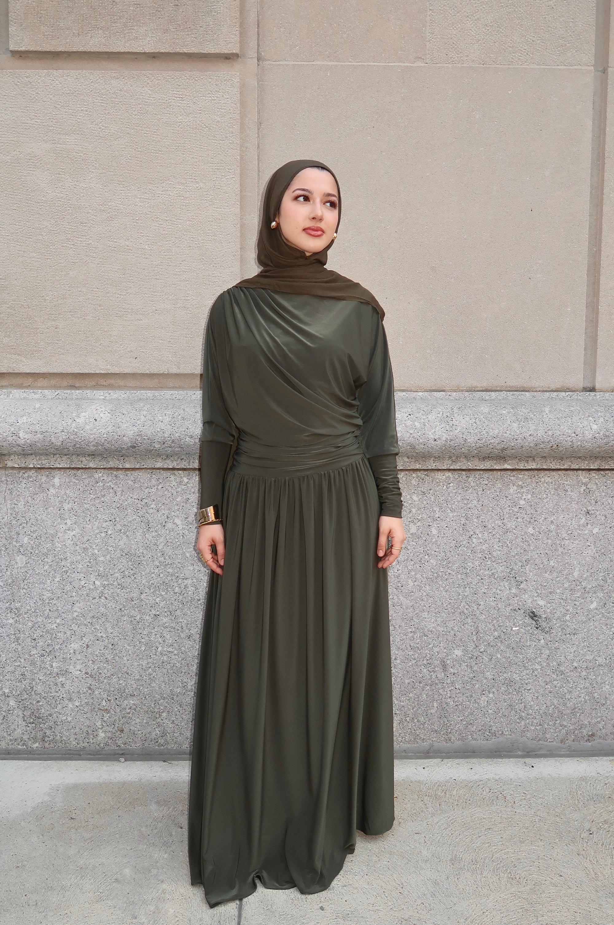 Dark Moss Batwing Jersey Maxi Dress