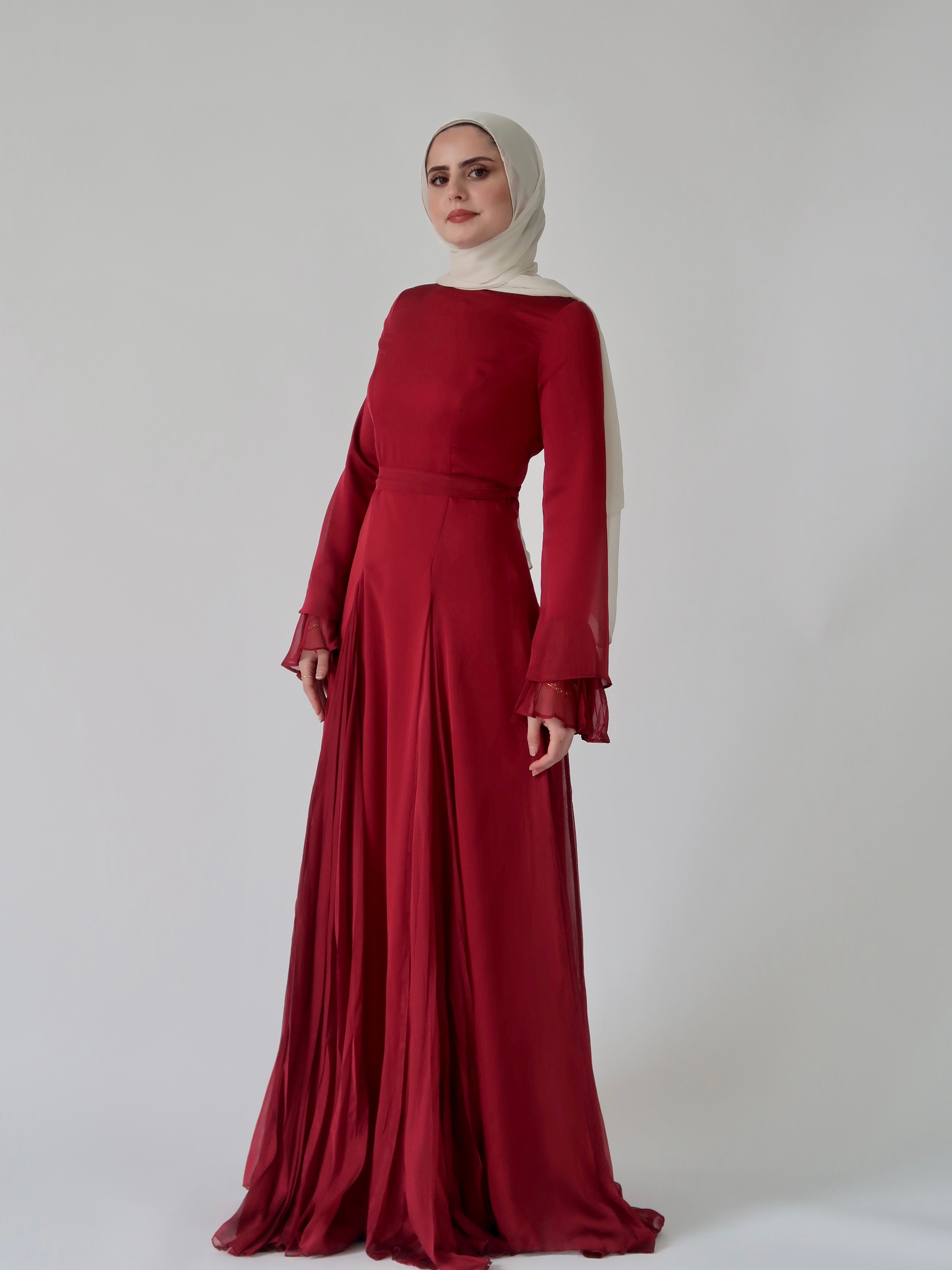 red hijab dresses Samra Satin Dress in Burgundy Hijabglamour