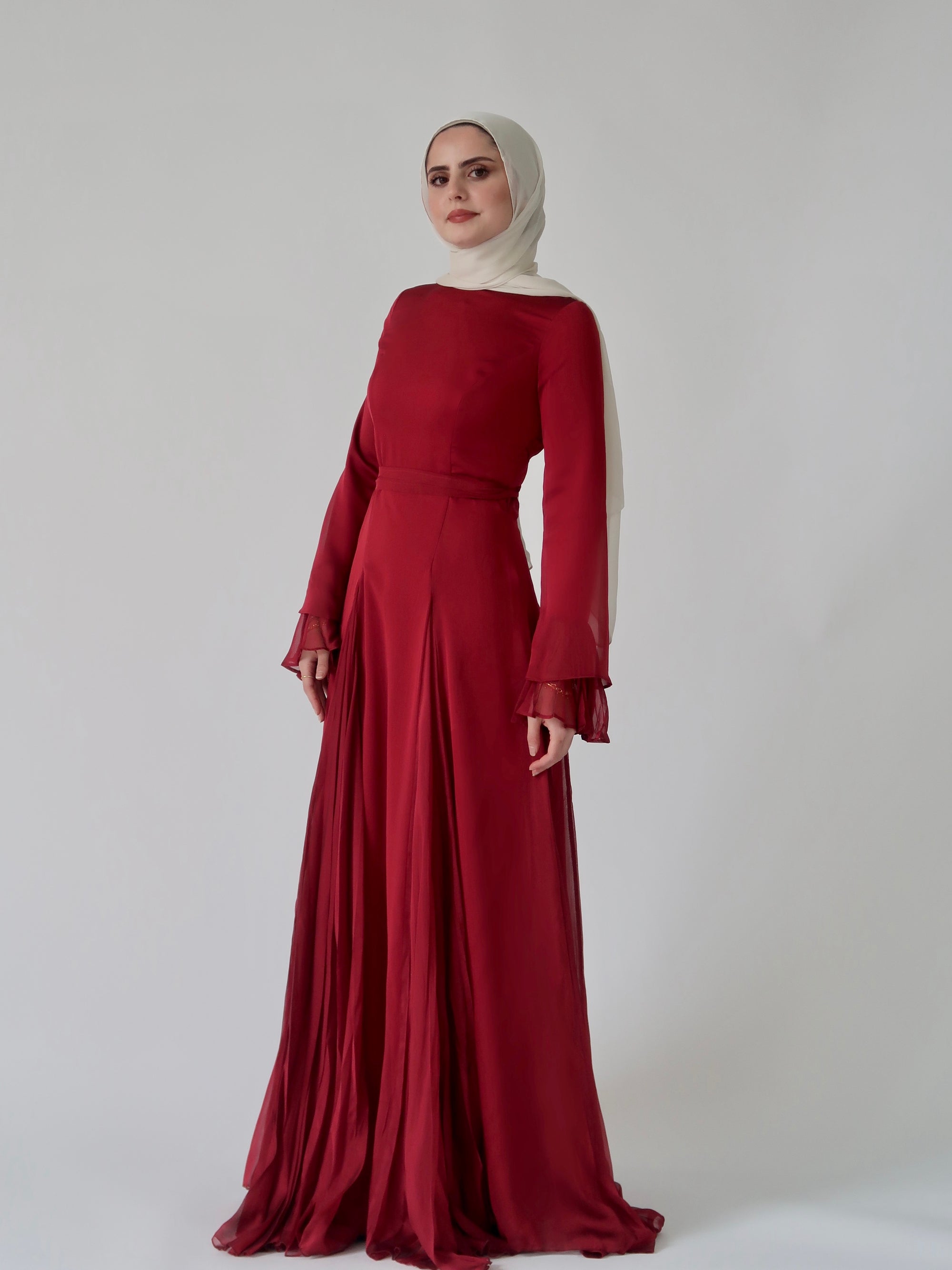 Cherry Red Pleated Slit Gown