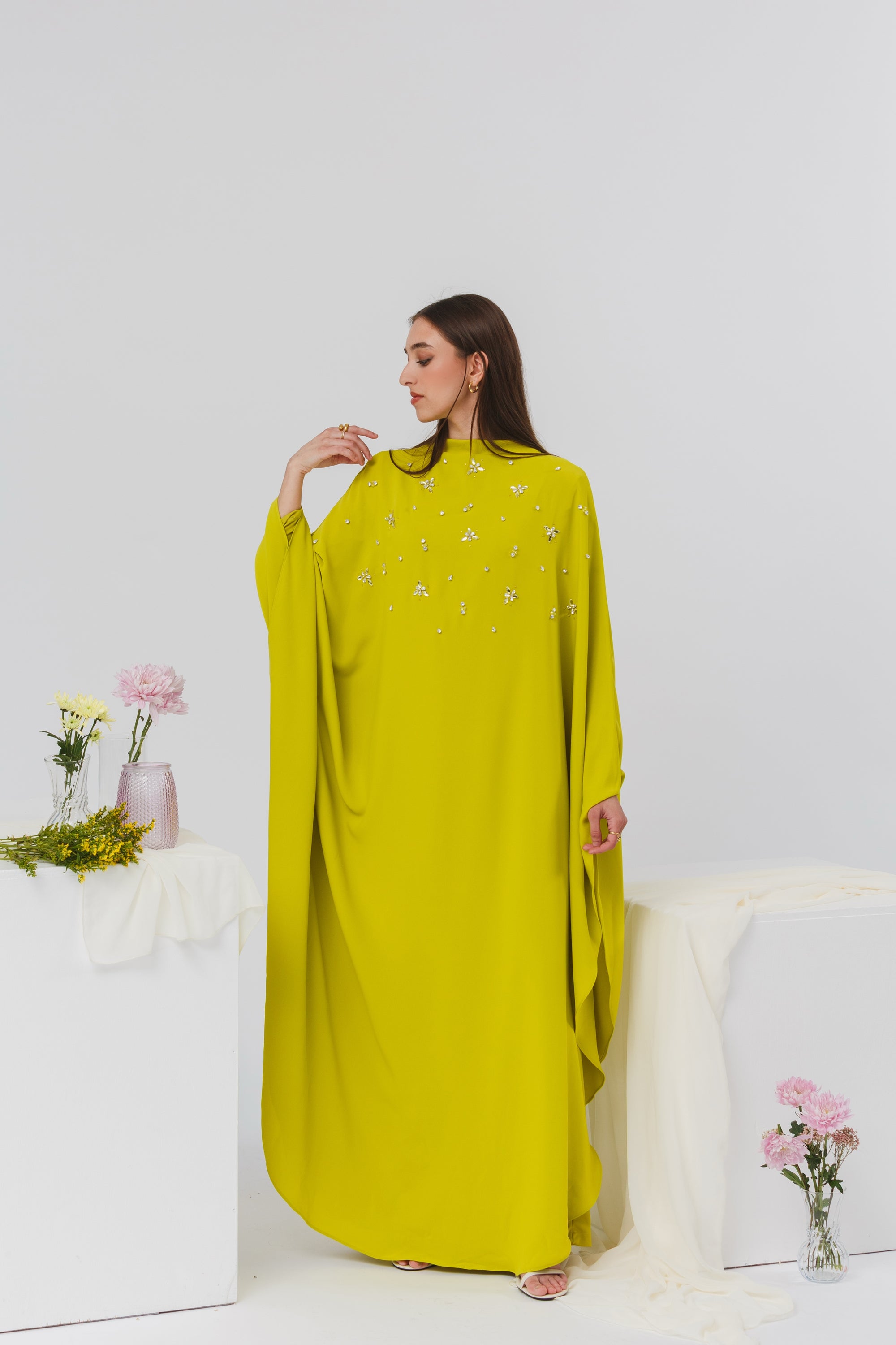 Lime Beaded Kaftan Gown- Final Sale