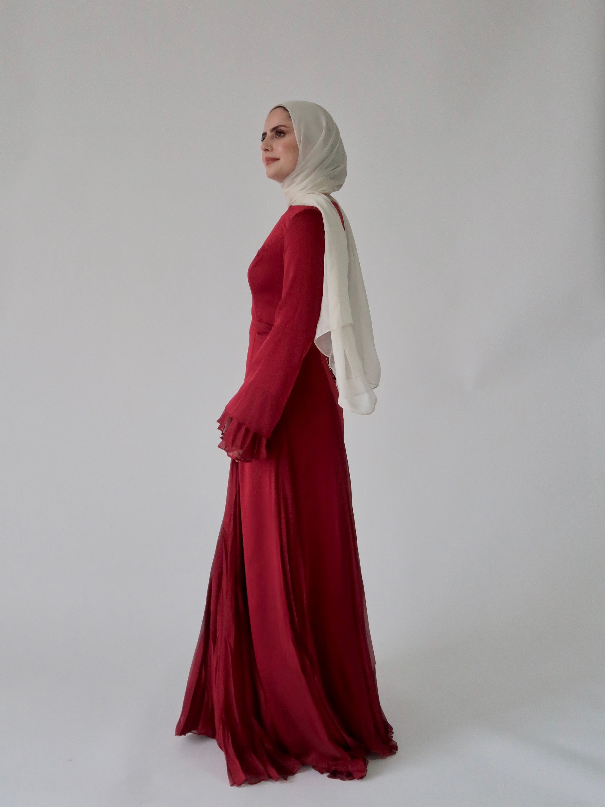 Cherry Red Pleated Slit Gown