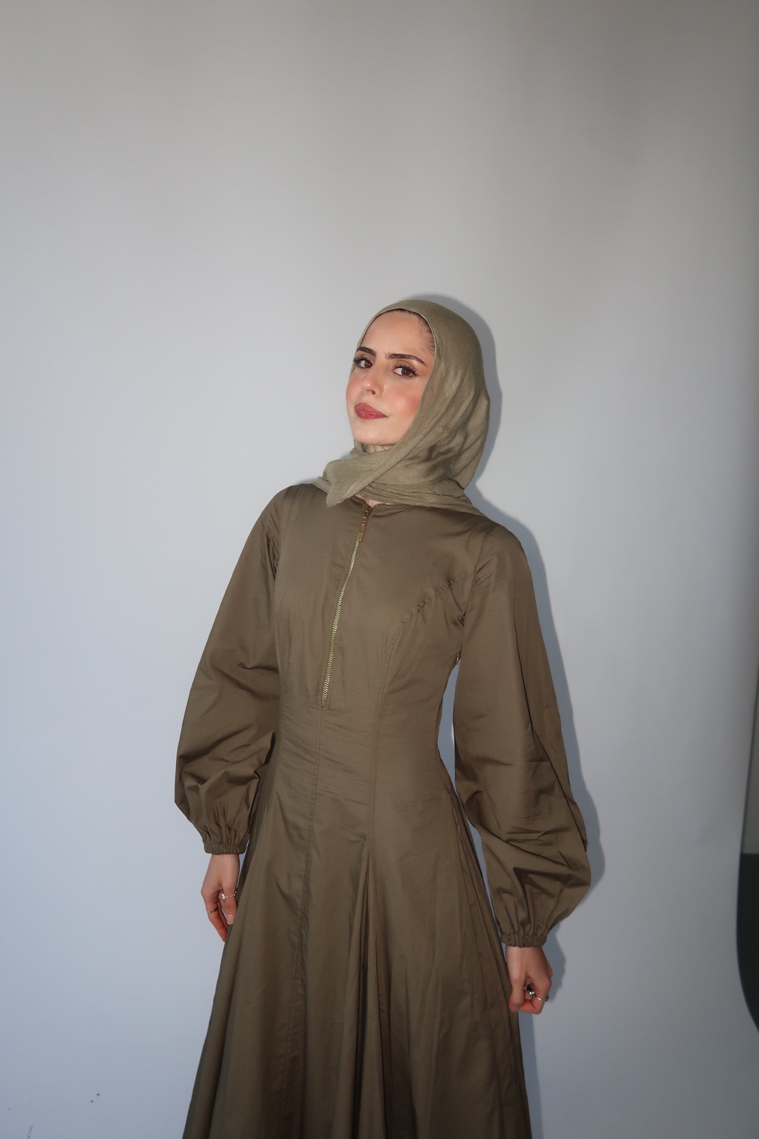 Dark Khaki Zip Up Cotton Pleated Dress- Final Sale