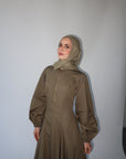 Dark Khaki Zip Up Cotton Pleated Dress- Final Sale