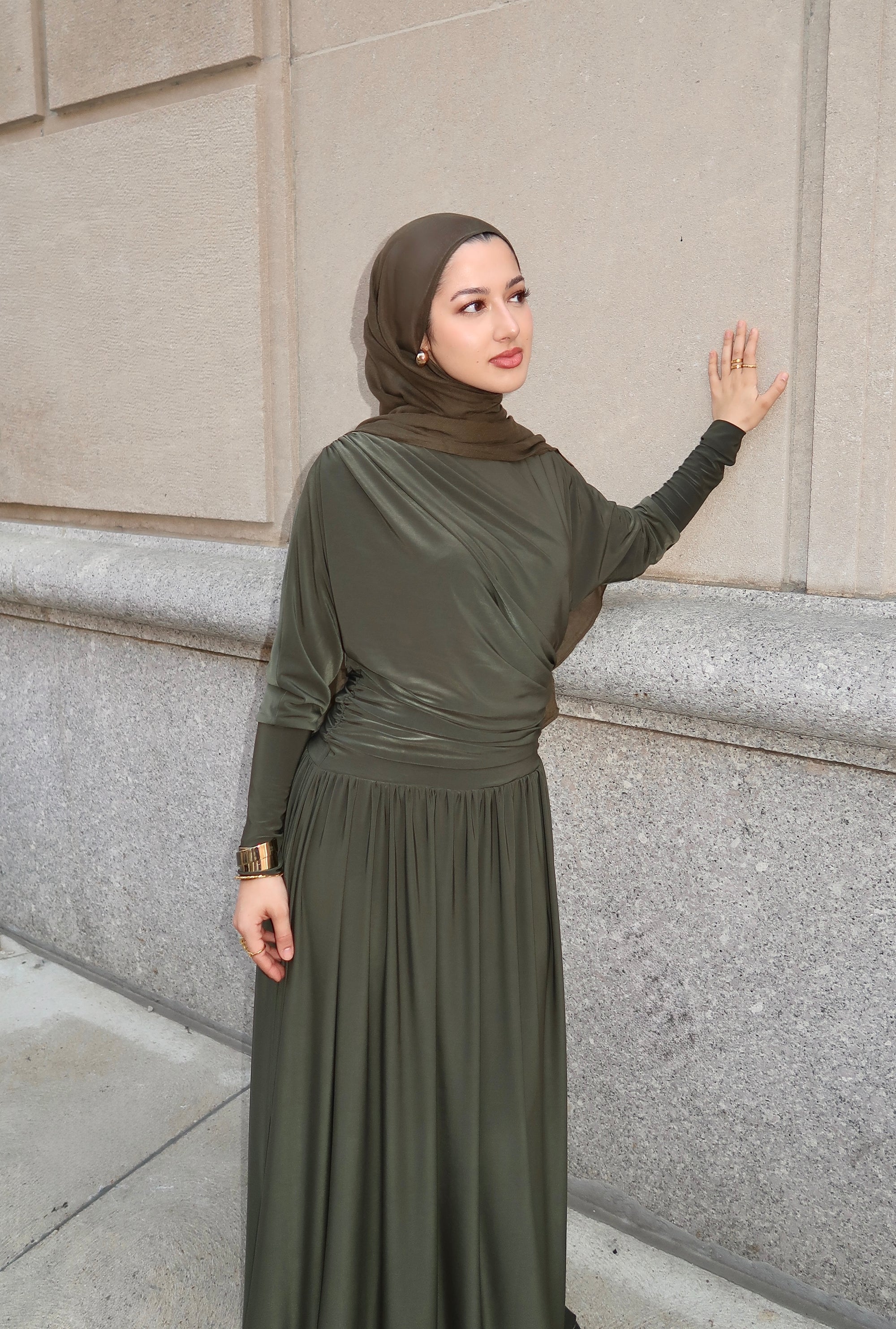 Dark Moss Batwing Jersey Maxi Dress