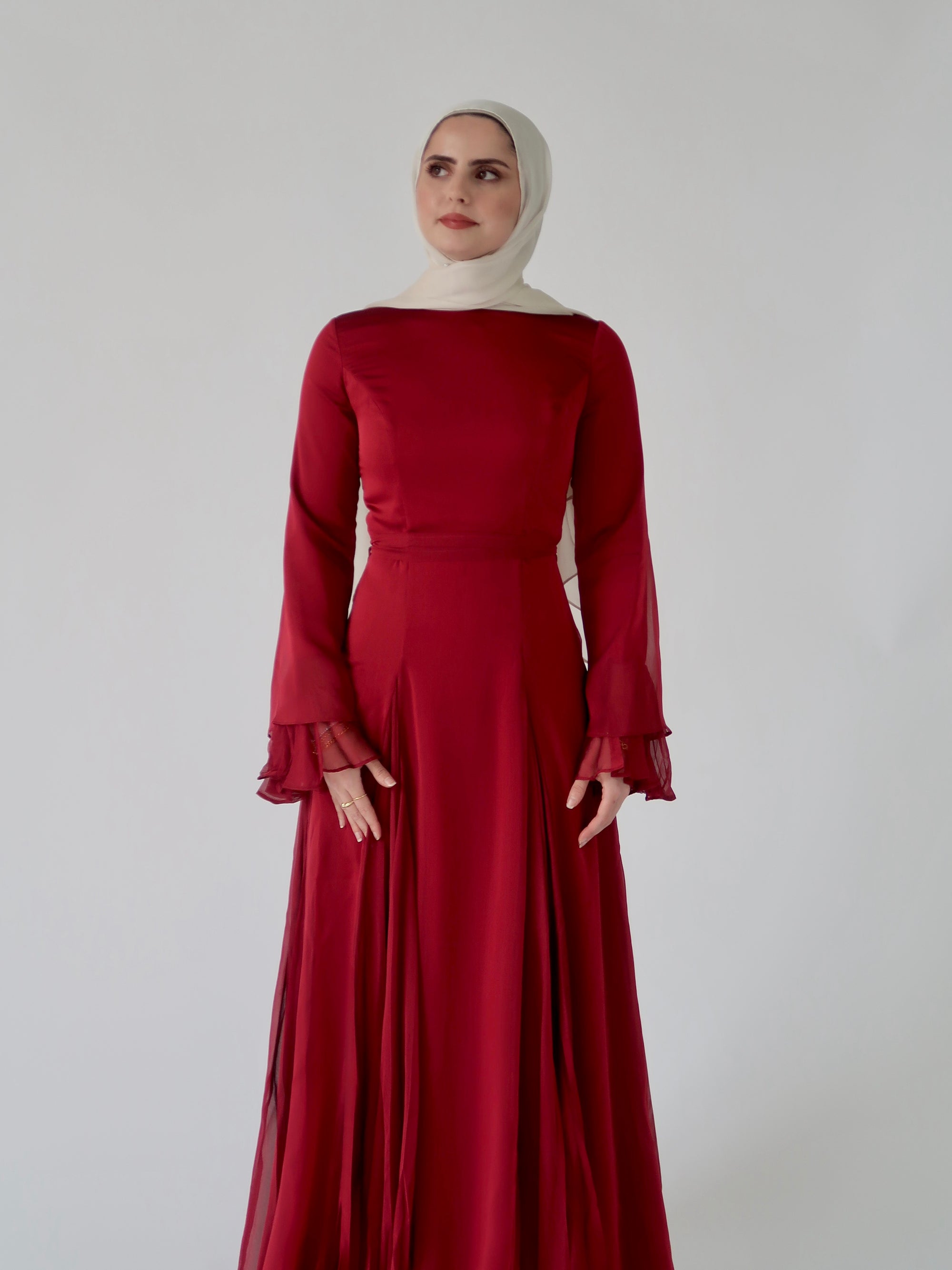 Cherry Red Pleated Slit Gown