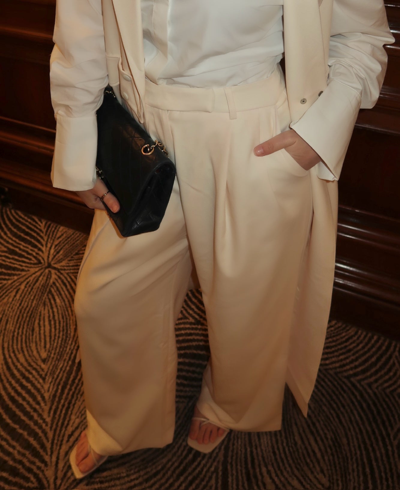 ladies cream dress pants Stripe Suiting High Waist Wide Leg Pant