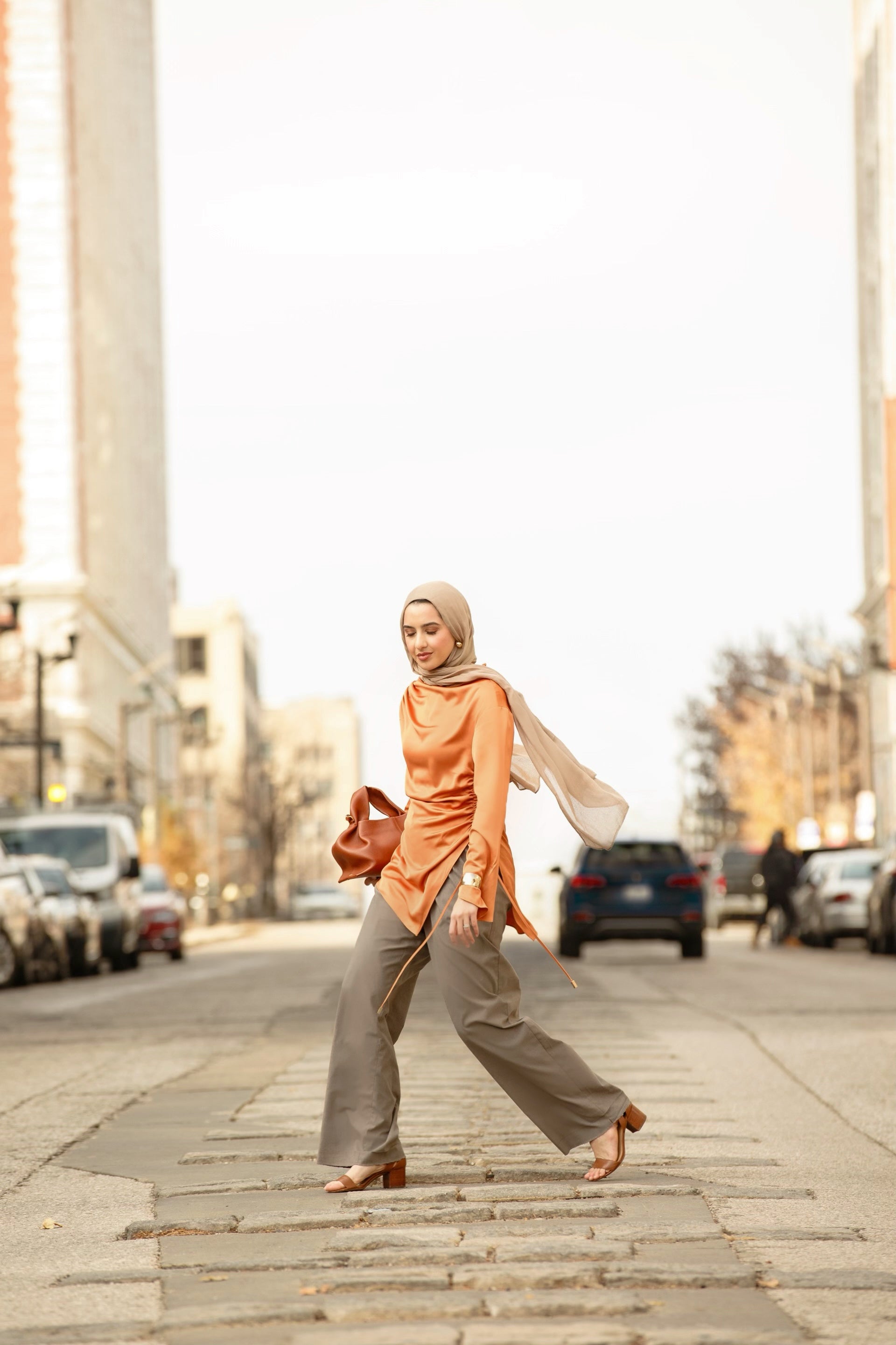 Burnt Orange Satin Ruched Tunic