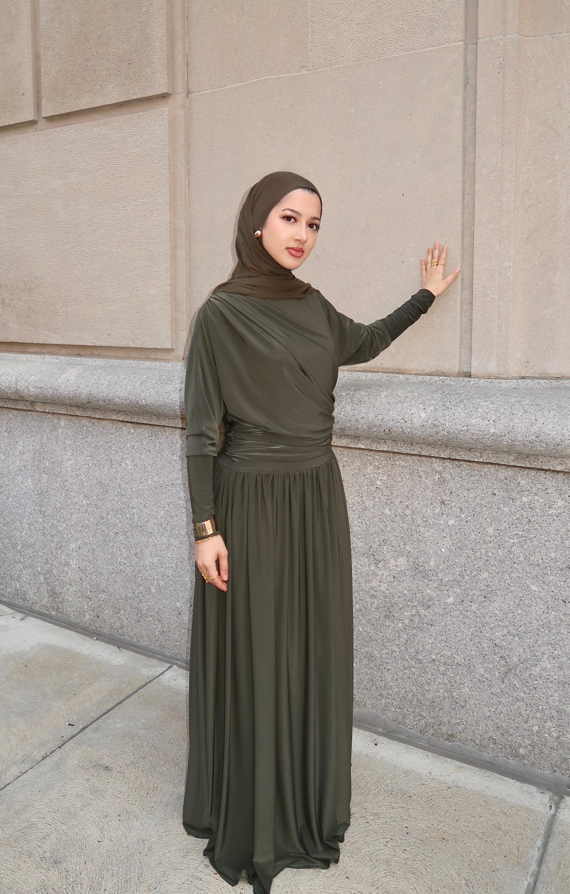 Dark Moss Batwing Jersey Maxi Dress