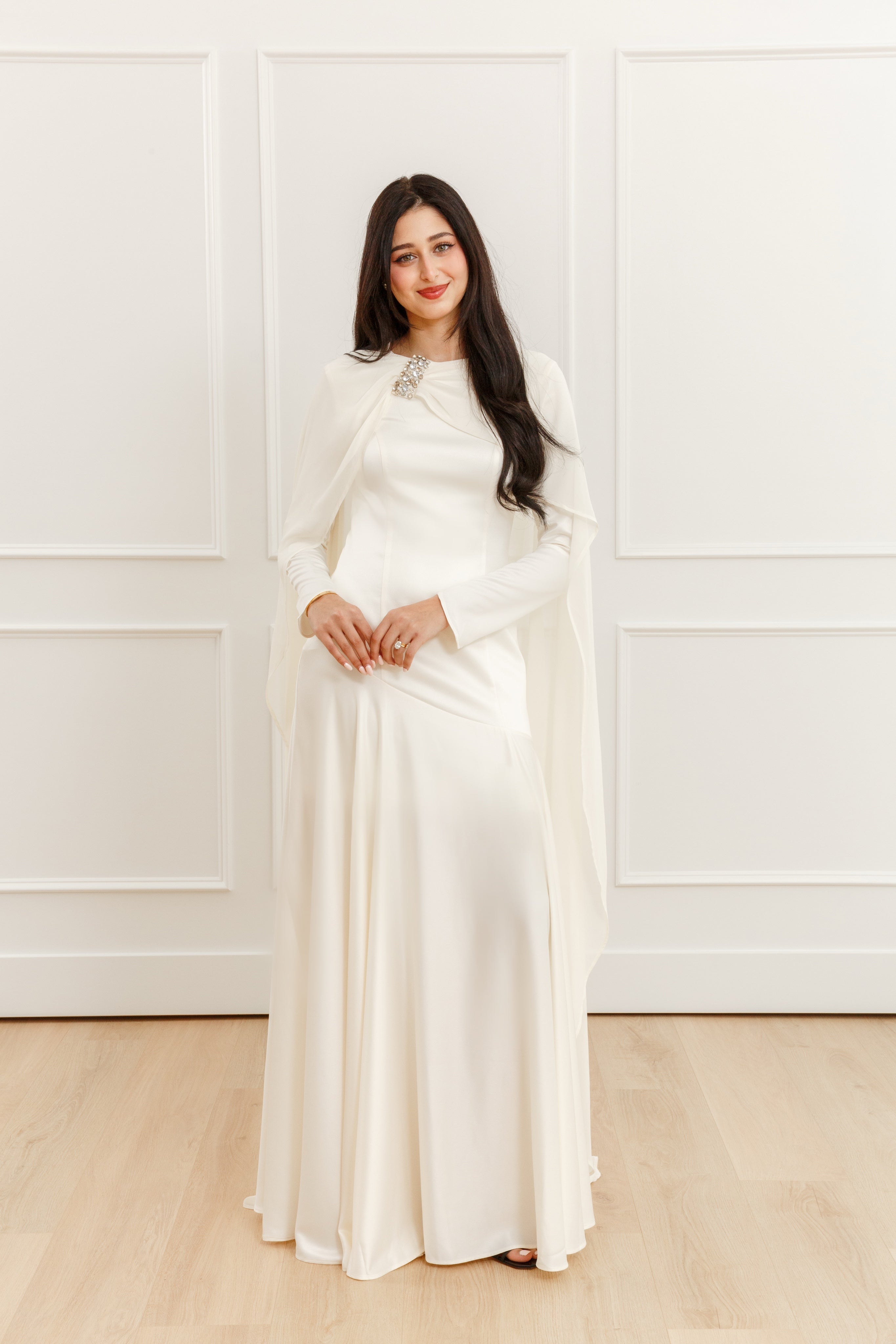 ivory cape dress Embellished Chiffon Gown -Bridal Hijabi Modest Evening Gowns Weddings in USA – Summer Evenings sizing:16-20-4XL Tina Holly Couture TK312 Cape silhouette with a SIZE:2M-1L