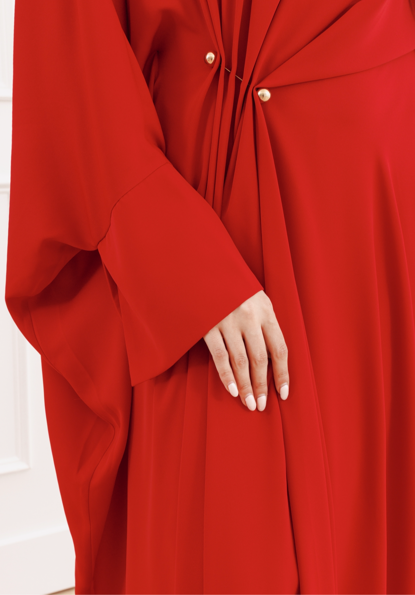 fitted lace wedding dress Red Draped Hardware Kaftan- Hijabi Modest Evening Gown Eid Ramadan Outfit  Abaya – Summer Evenings