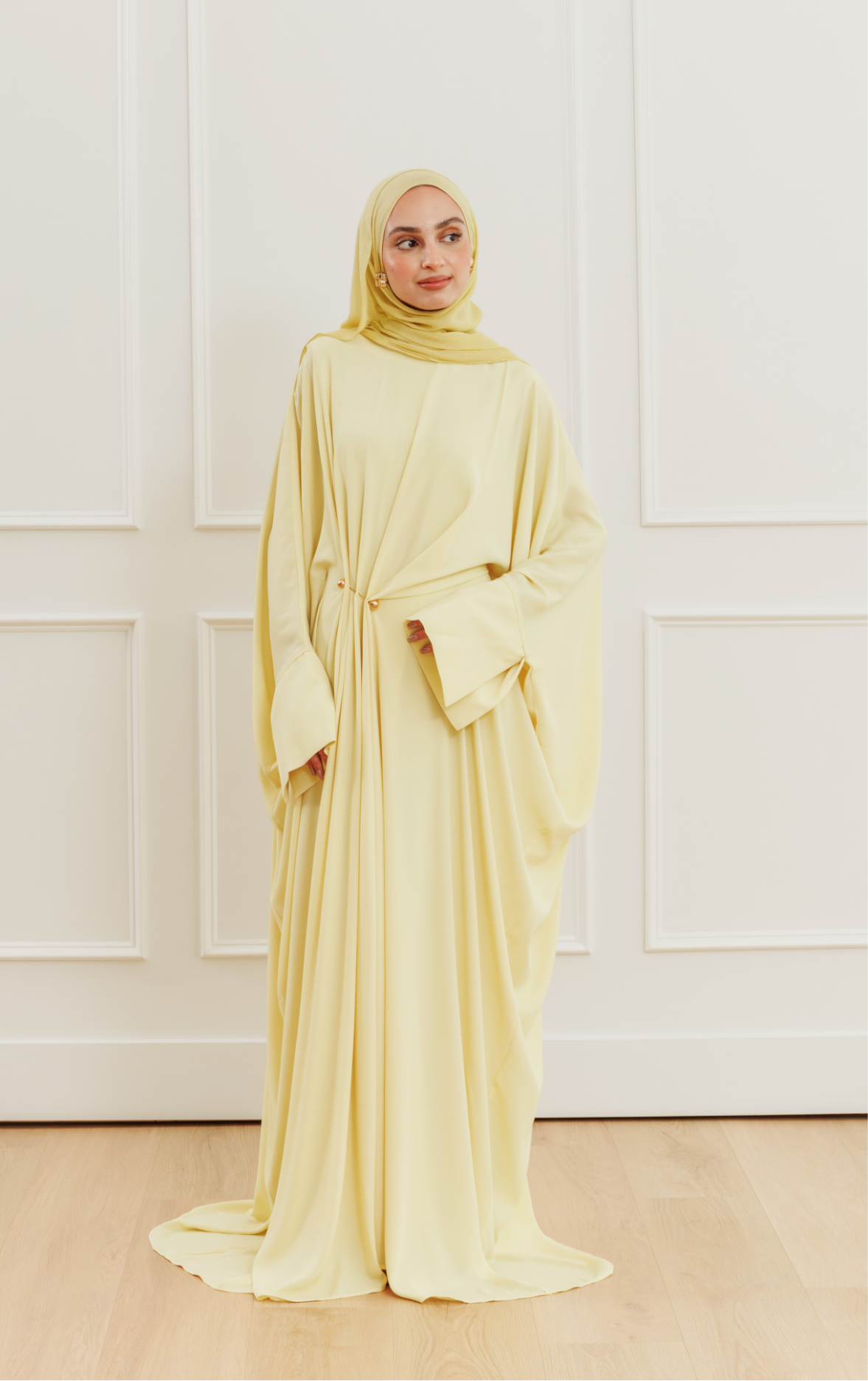 Butter Yellow Draped Hardware Kaftan- Hijabi Modest Evening Gown Eid Ramadan Outfit Abaya Summer Evenings Butter Yellow Draped Hardware Kaftan- Hijabi Modest Evening Gown Eid Ramadan Outfit Abaya Summer Evenings