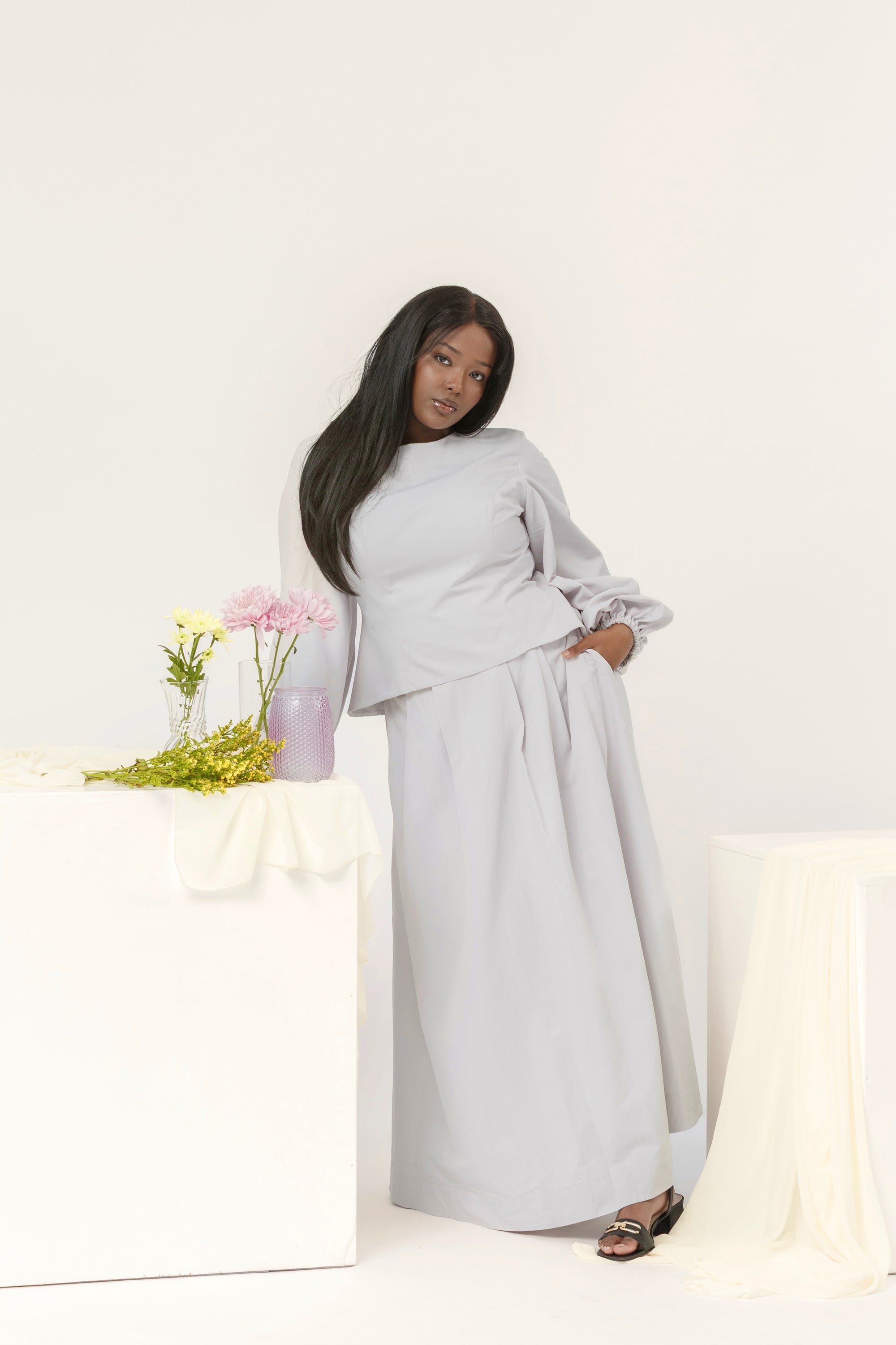 Light Gray Balloon Top & Maxi Skirt Set