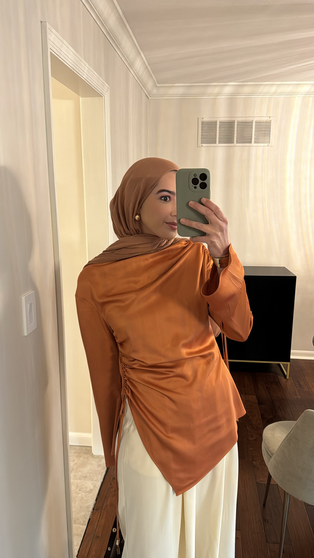 Burnt Orange Satin Ruched Tunic