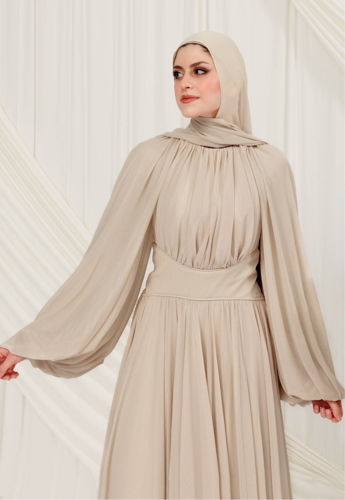 beige hijab dress Gathered Shoulders Dress-Beige Hijab Boutique
