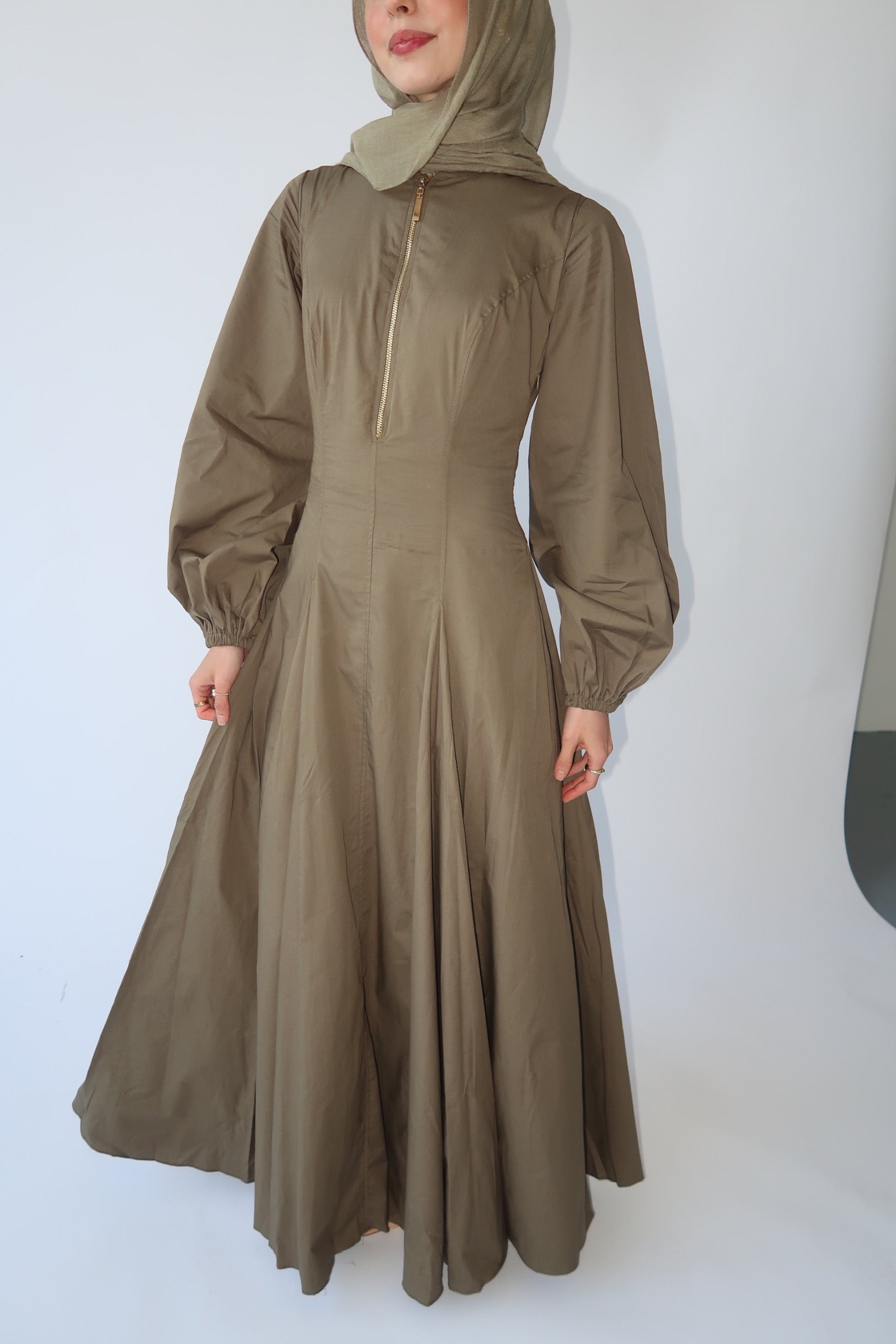 Dark Khaki Zip Up Cotton Pleated Dress- Final Sale