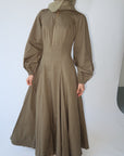 Dark Khaki Zip Up Cotton Pleated Dress- Final Sale