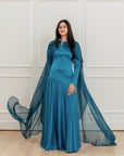 Teal Embellished Chiffon Cape Gown