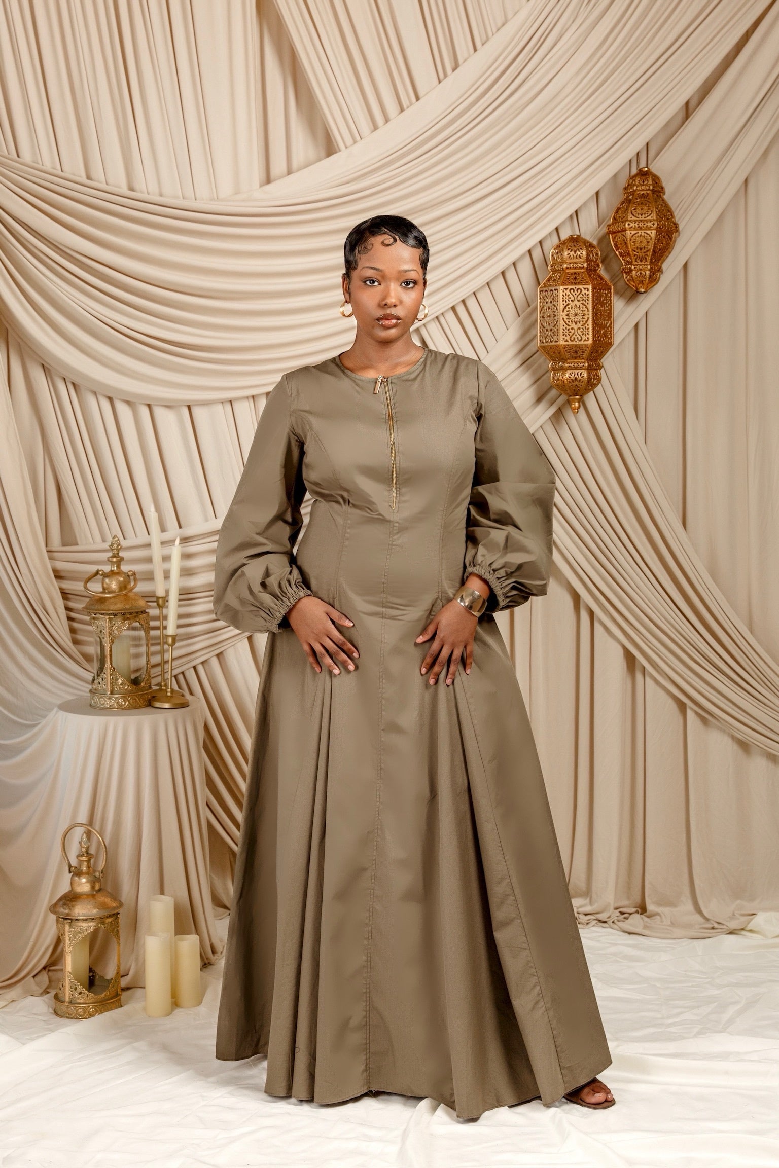 Dark Khaki Zip Up Cotton Pleated Dress- Final Sale