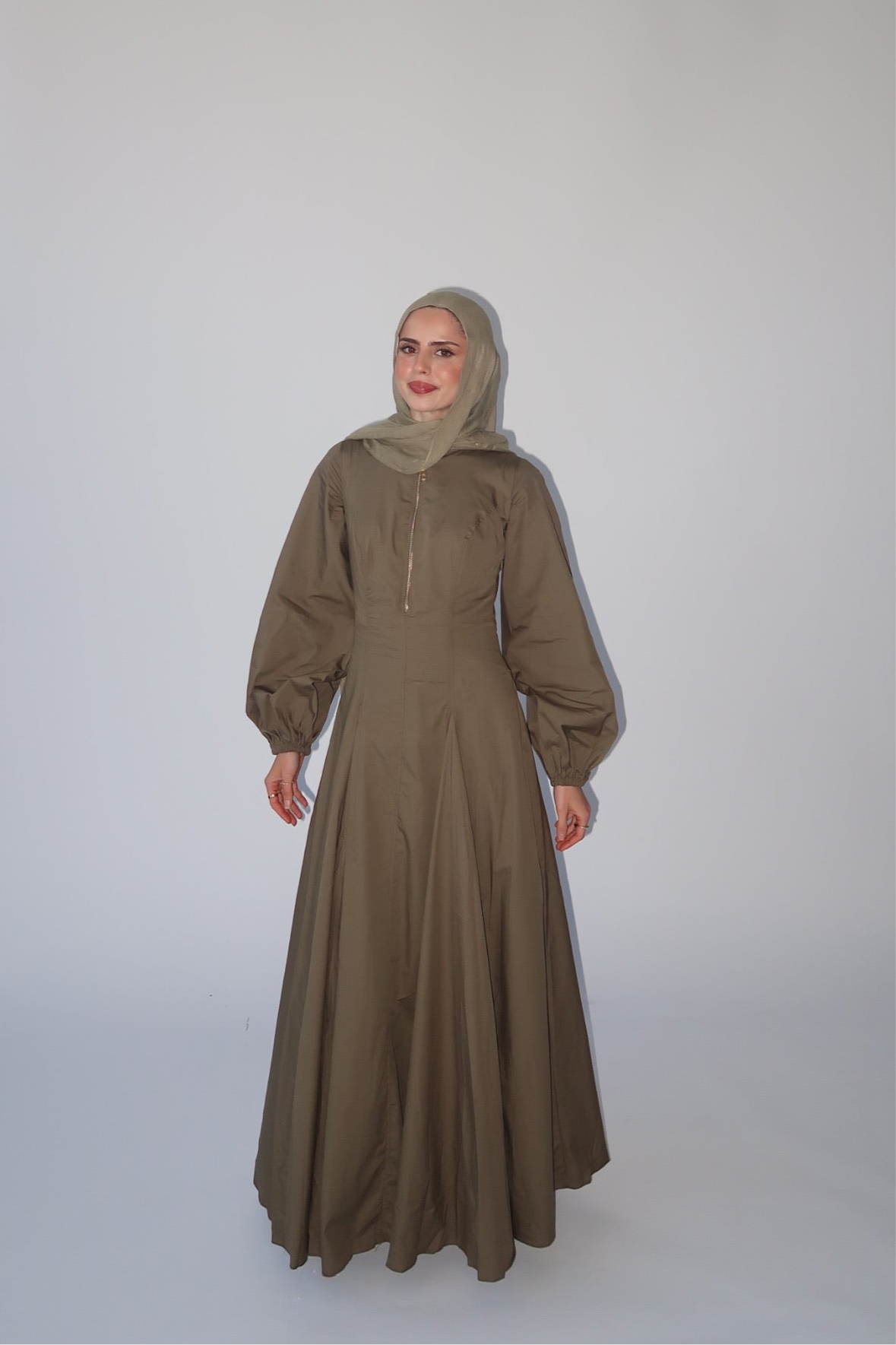 Dark Khaki Zip Up Cotton Pleated Dress- Final Sale