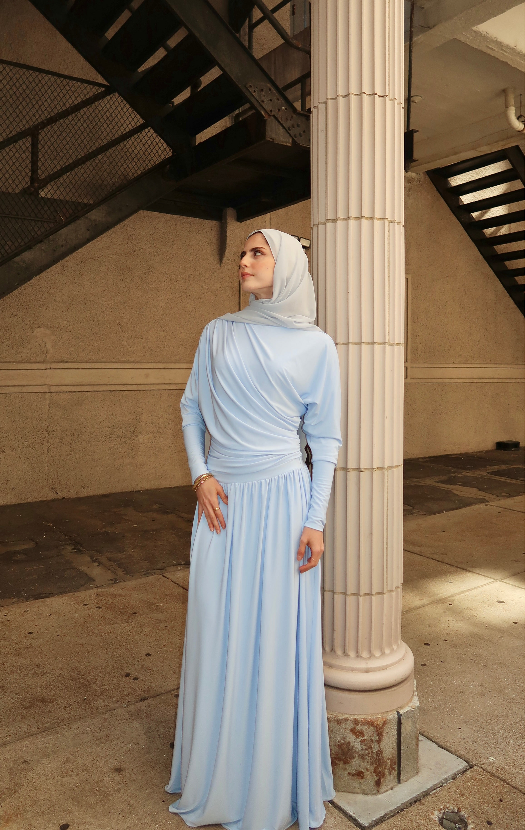 Baby Blue Batwing Jersey Maxi Dress