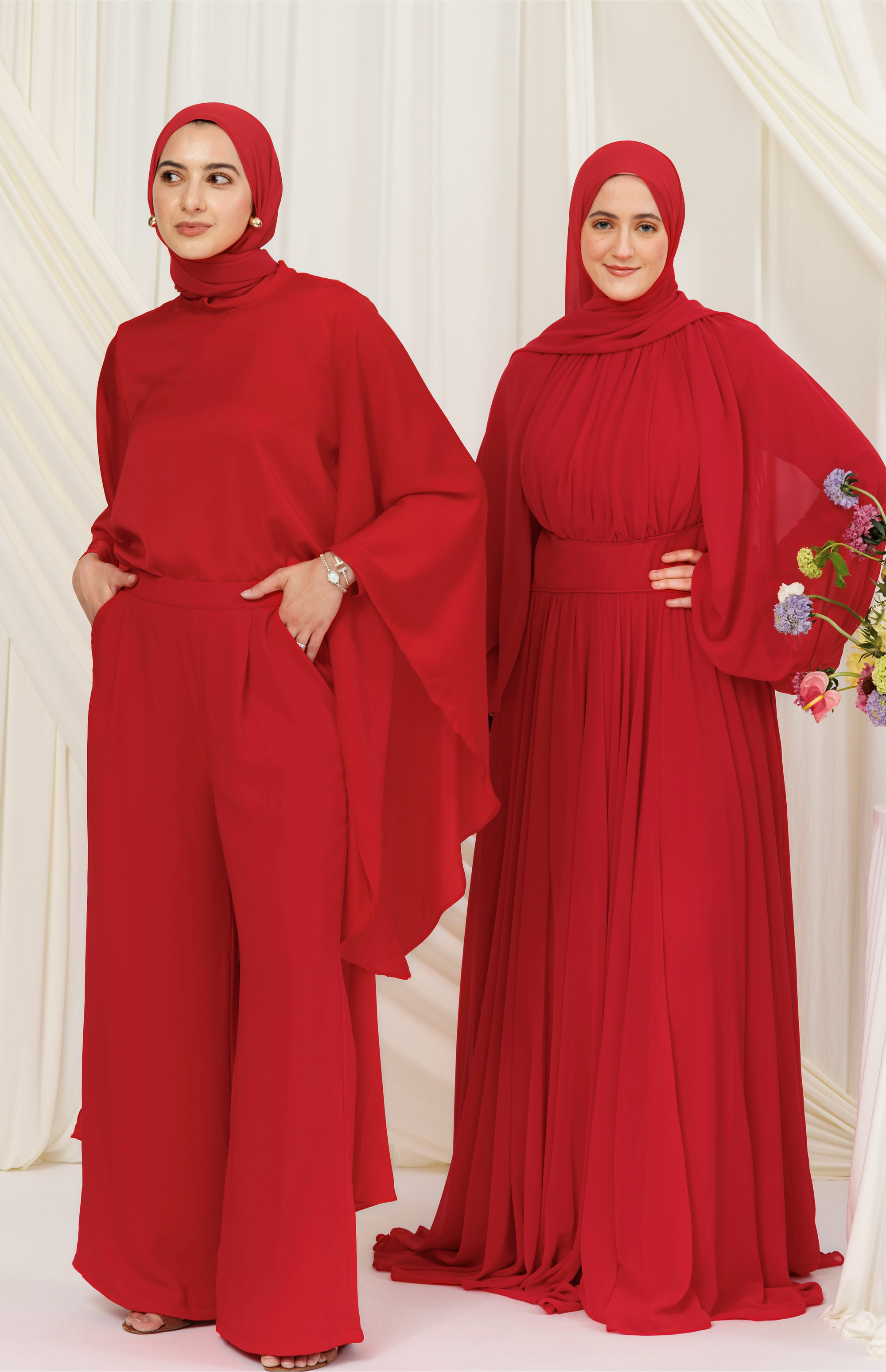 Red Chiffon Cape Tunic Set (3 pcs)