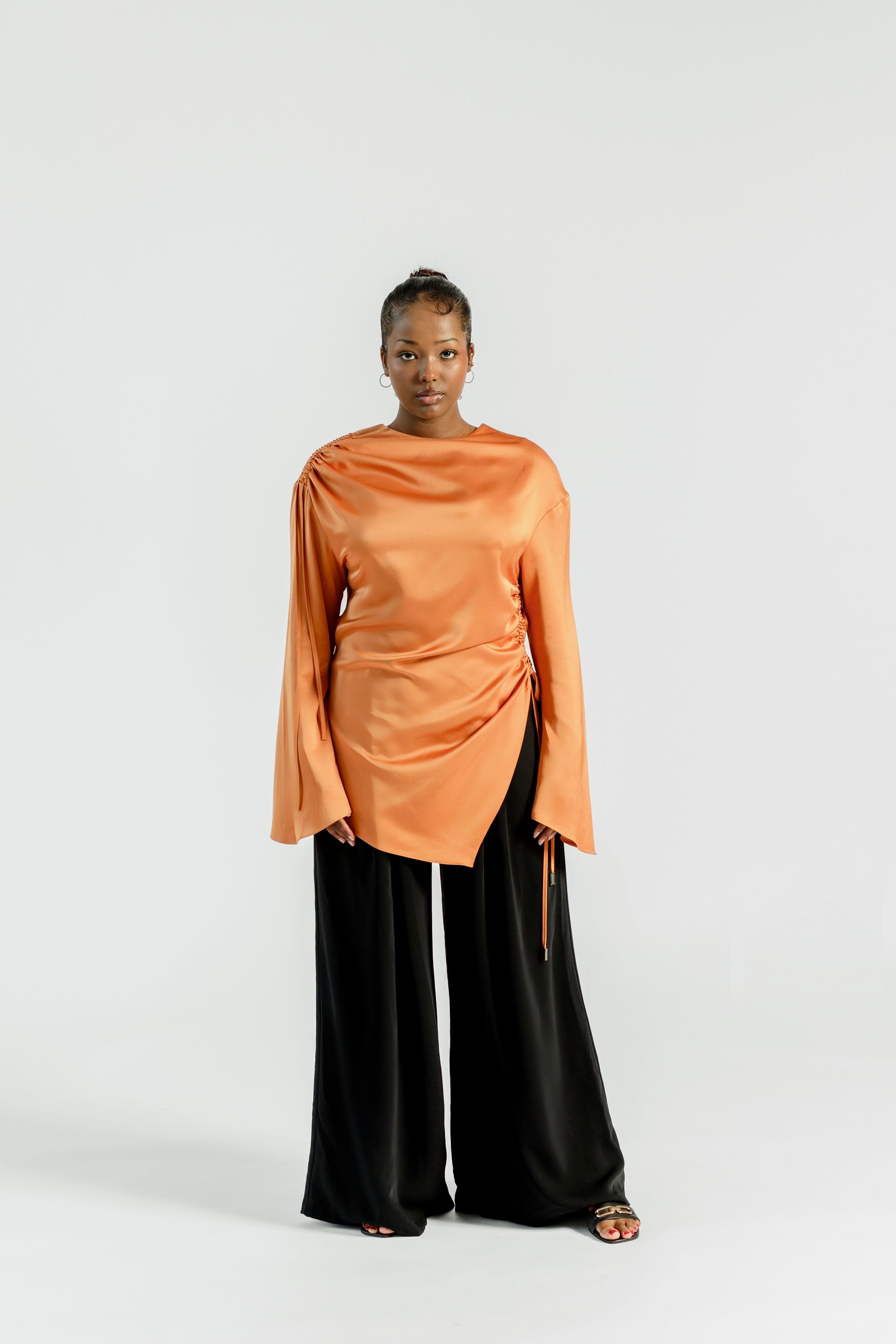Burnt Orange Satin Ruched Tunic