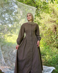 Mocha Cinched Buttoned Dress