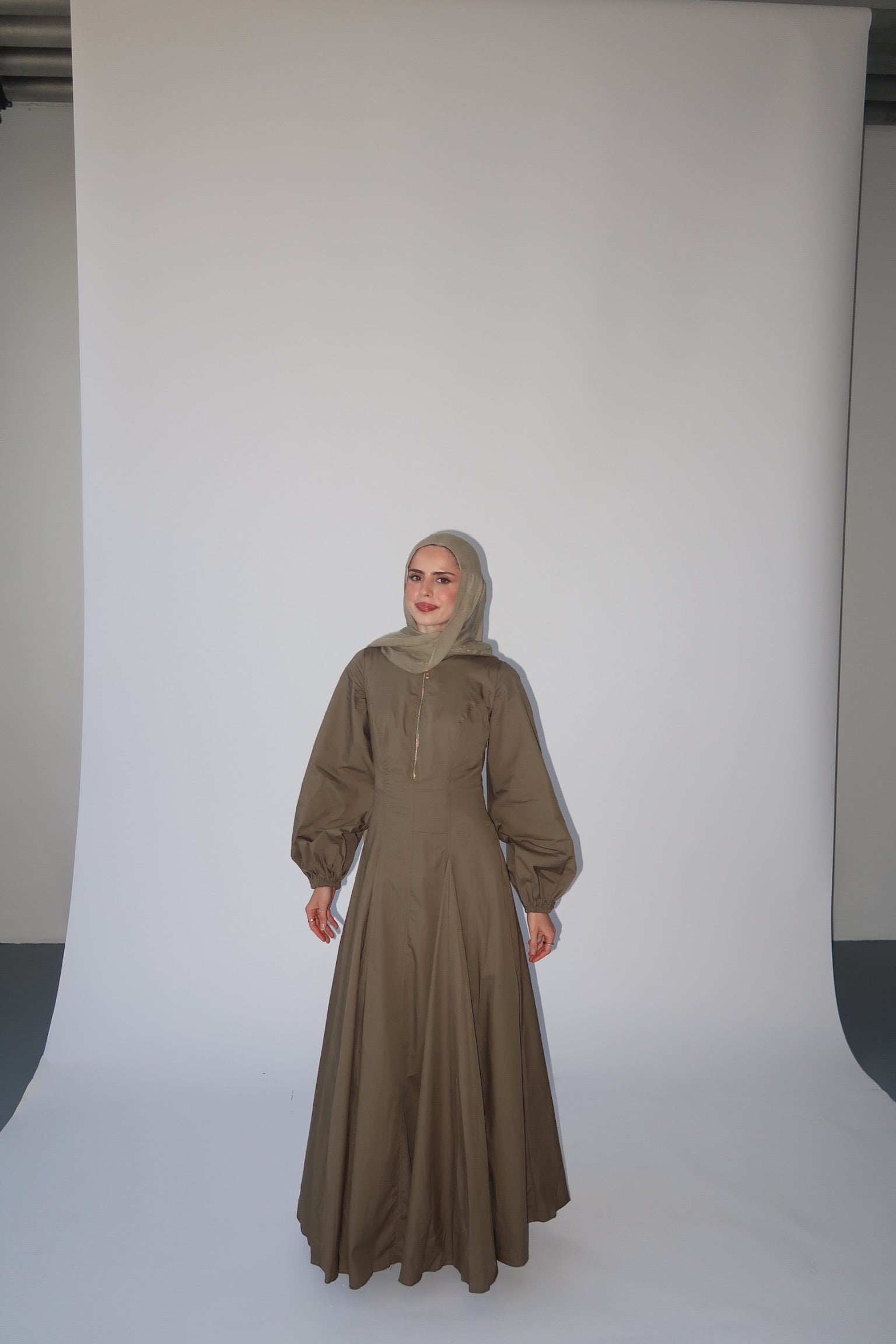 Dark Khaki Zip Up Cotton Pleated Dress- Final Sale