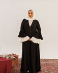 Black & Cream Pleated Sleeve Abaya + Scarf Set (2 pcs)