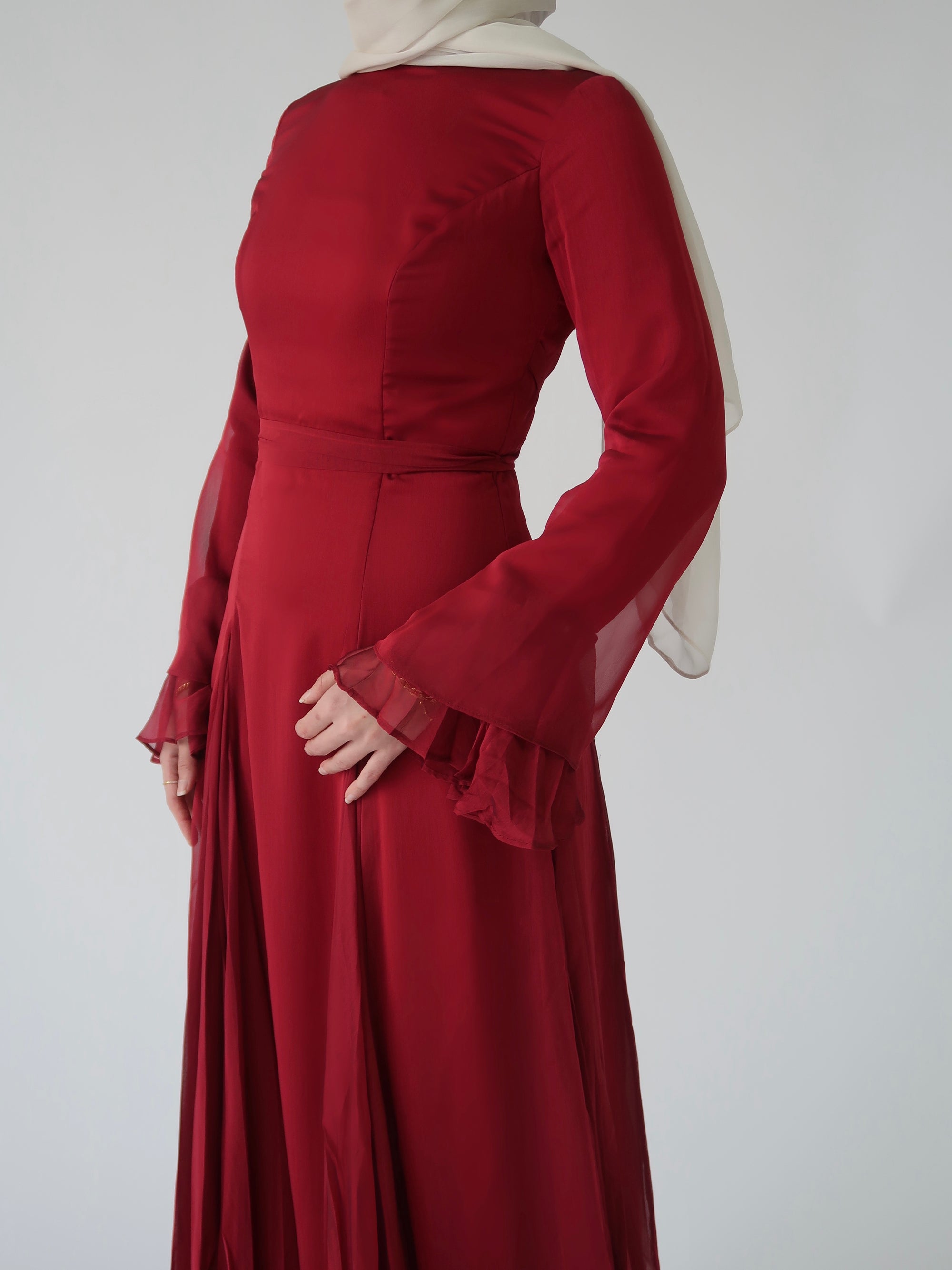 Cherry Red Pleated Slit Gown