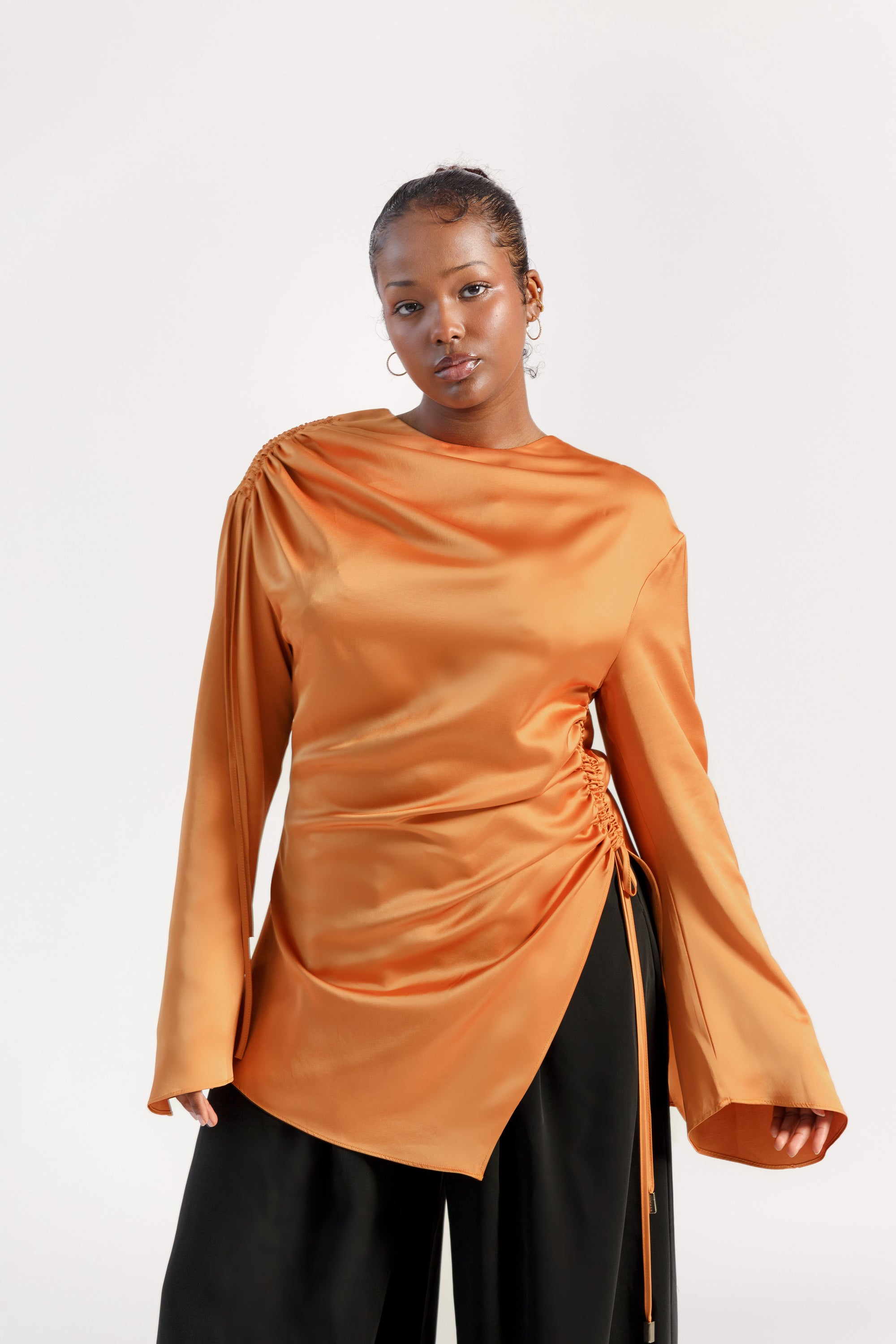 Burnt Orange Satin Ruched Tunic