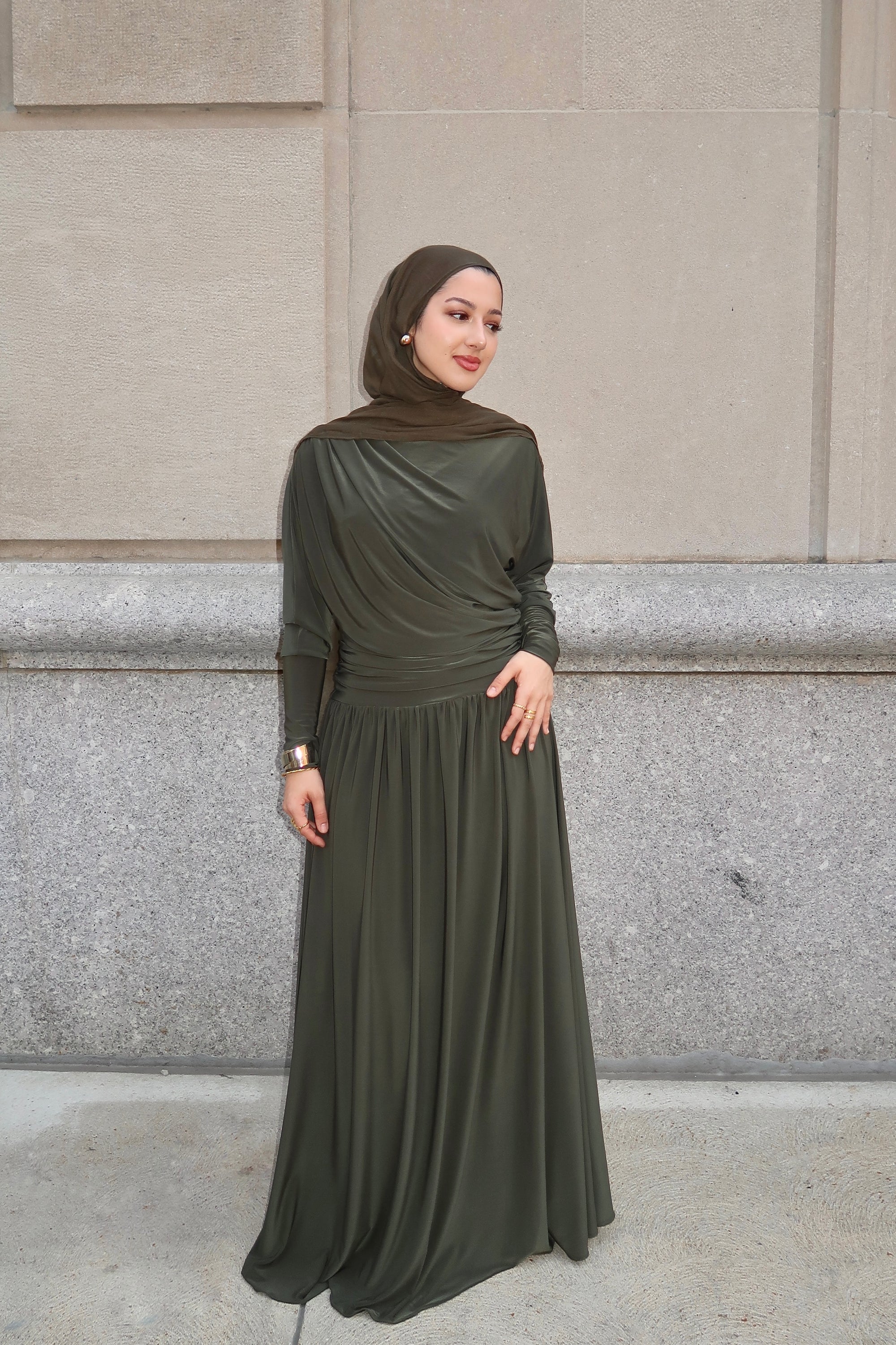 Dark Moss Batwing Jersey Maxi Dress
