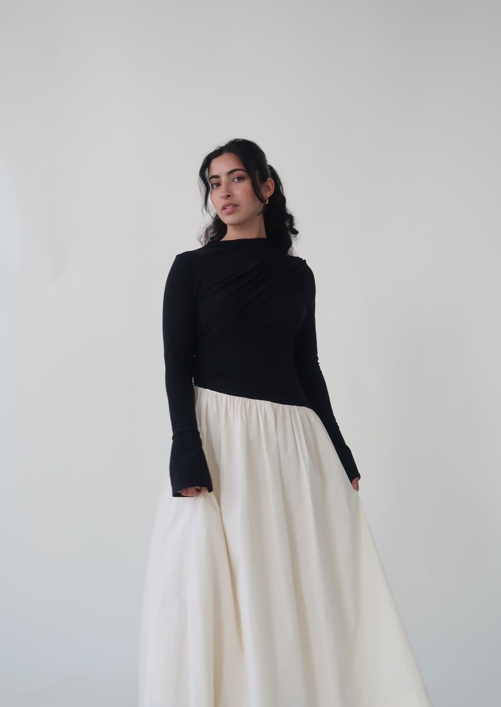 Black & Cream Asymmetric Draped Dress *Restocks June 26 Black & Cream Asymmetric Draped Dress *Restocks June 26