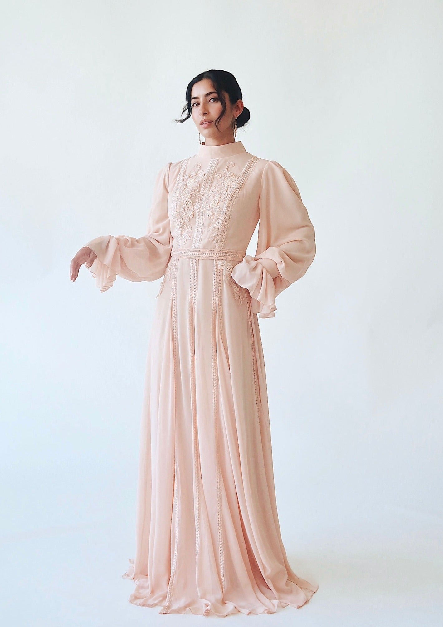 Peachy Blush Beaded Appliqu Gown - Hijabi Modest Evening Gowns in USA Summer Evenings Peachy Blush Beaded Appliqu Gown - Hijabi Modest Evening Gowns in USA Summer Evenings