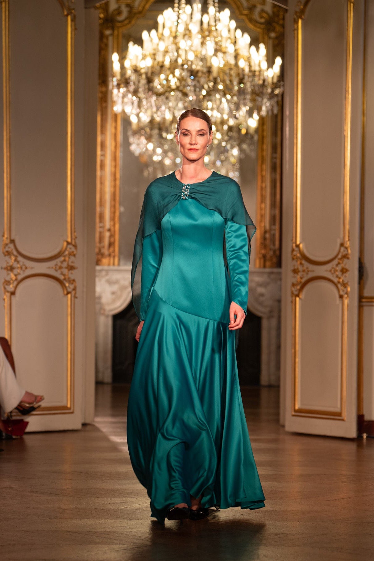 Teal Embellished Chiffon Cape Gown