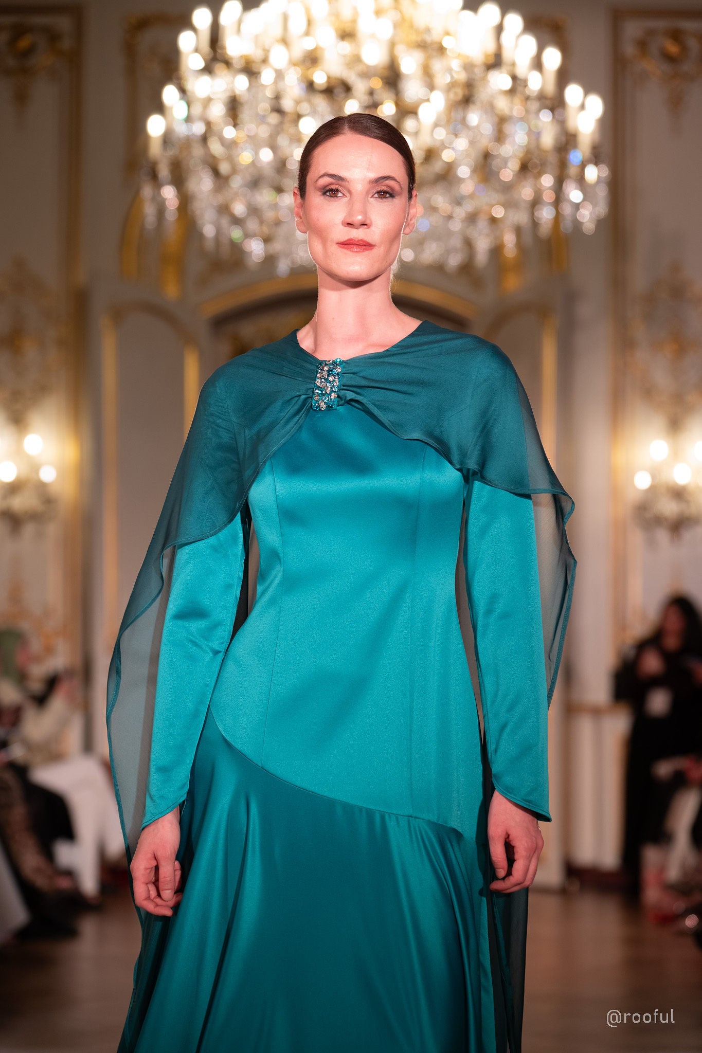 Teal Embellished Chiffon Cape Gown