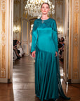 Teal Embellished Chiffon Cape Gown