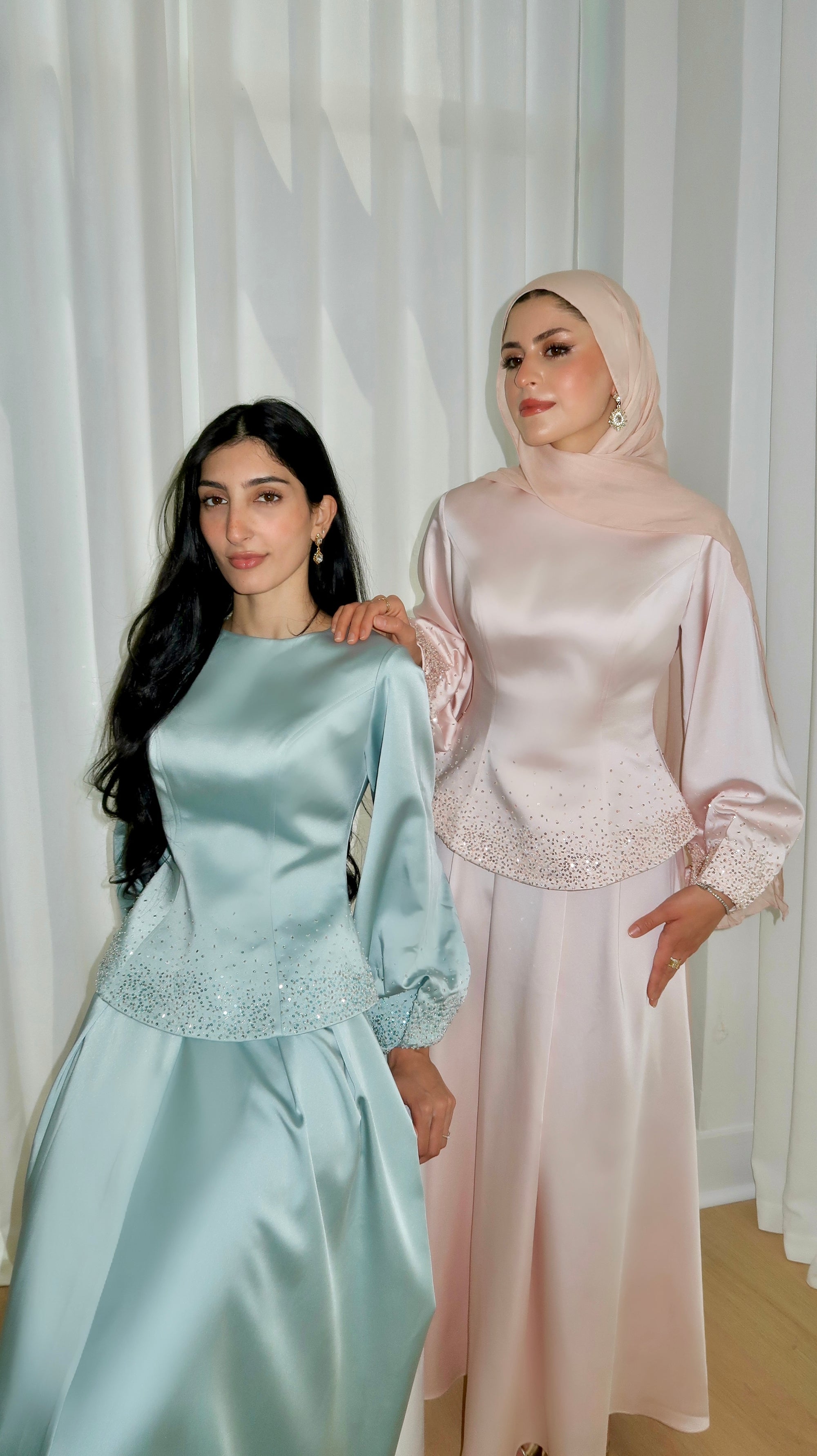 Icy Blue Embellished Satin Peplum Set
