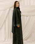 Dark Moss Beaded Floral Chiffon Cuff Abaya (2 pc)