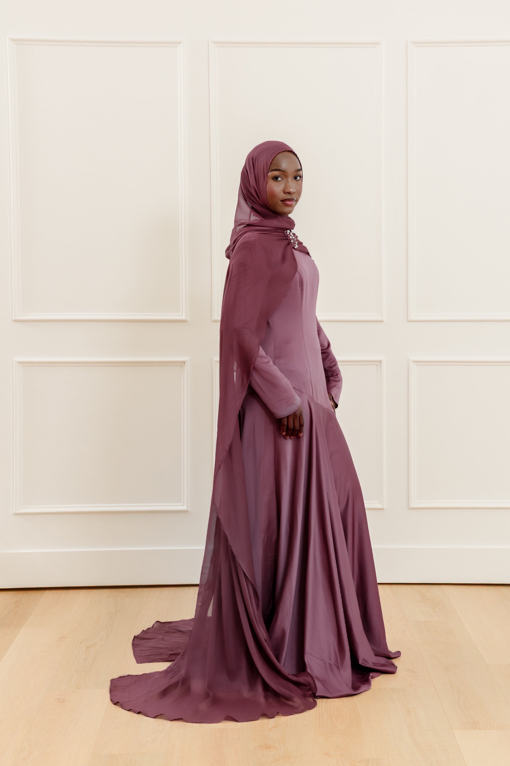 Plum Embellished Chiffon Cape Gown