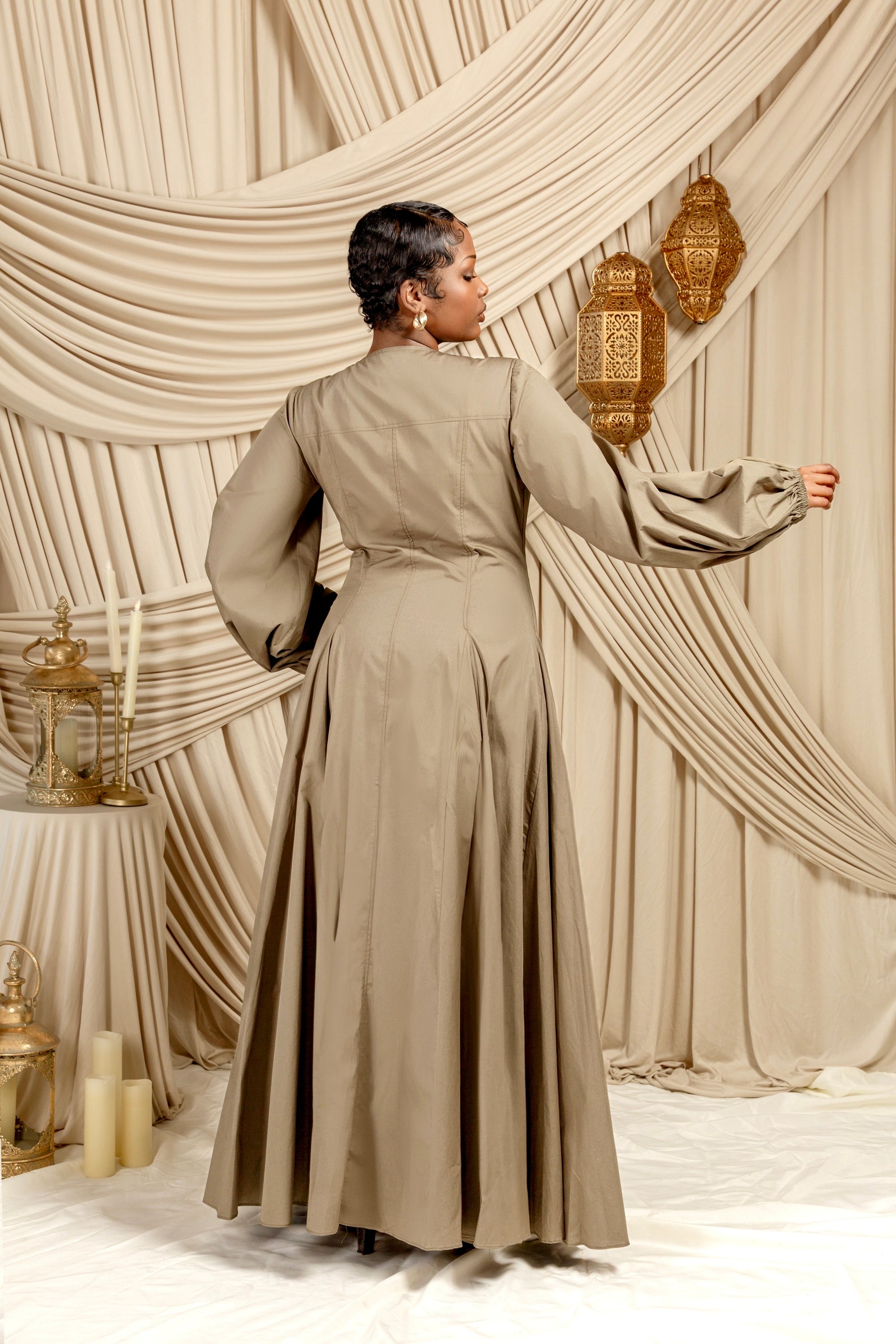 Dark Khaki Zip Up Cotton Pleated Dress- Final Sale