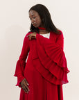 Cherry Red Pleated Sleeve Abaya + Scarf Set (2 pcs)