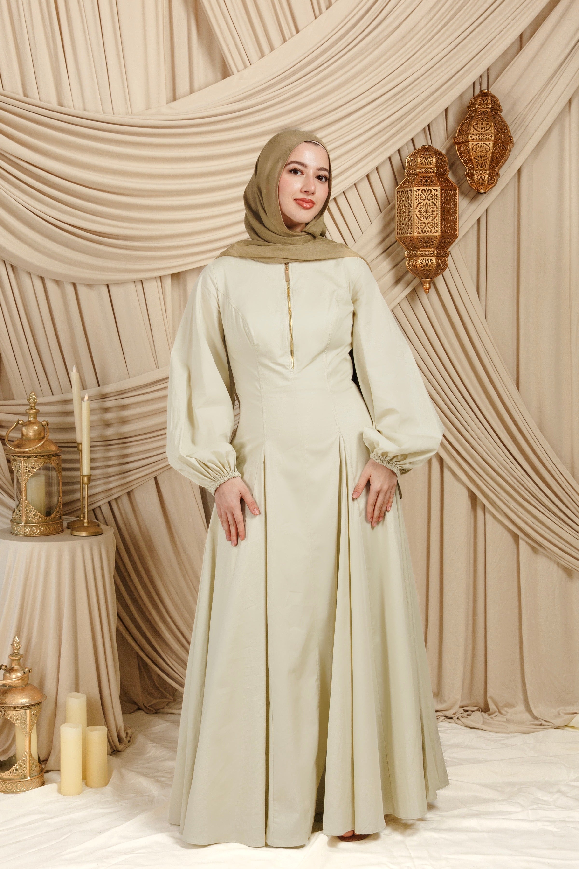 Pistachio Zip Up Cotton Pleated Dress