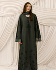 Dark Moss Beaded Floral Chiffon Cuff Abaya (2 pc)